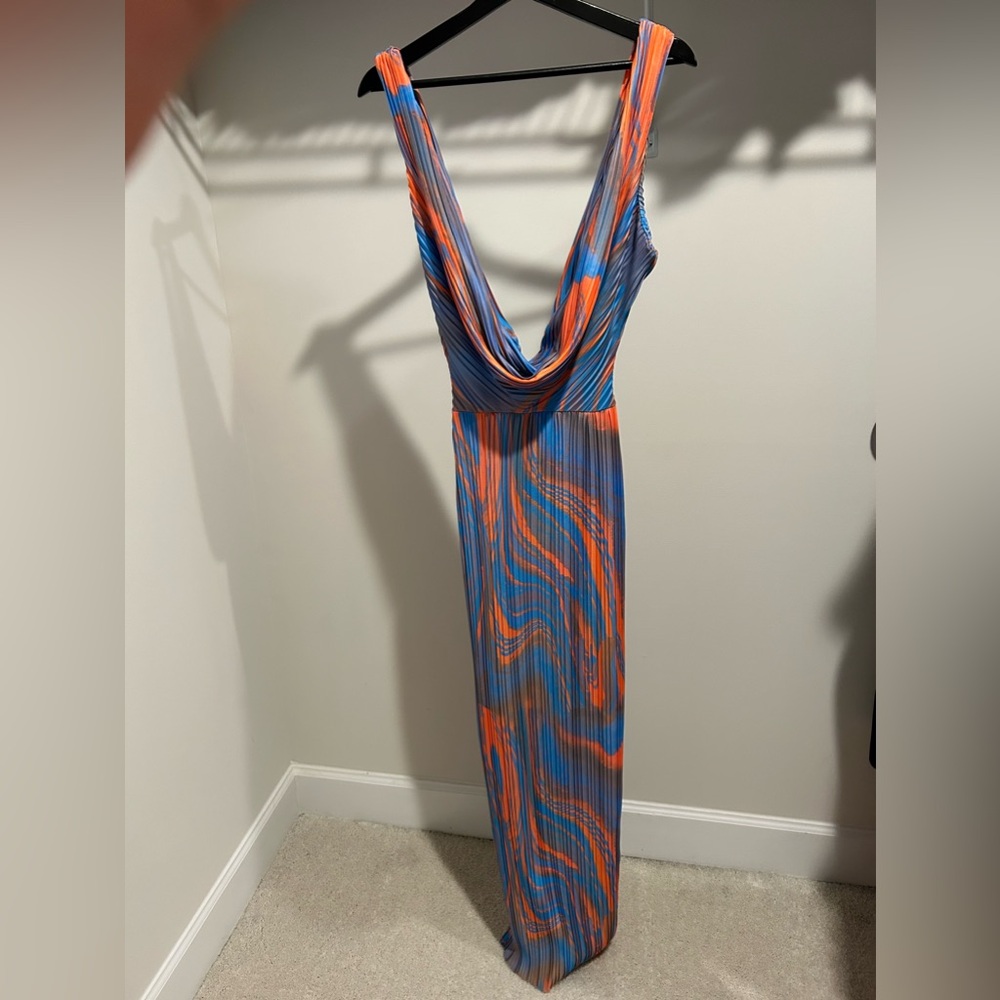 PLT multi color cowl/plunge maxi dress
